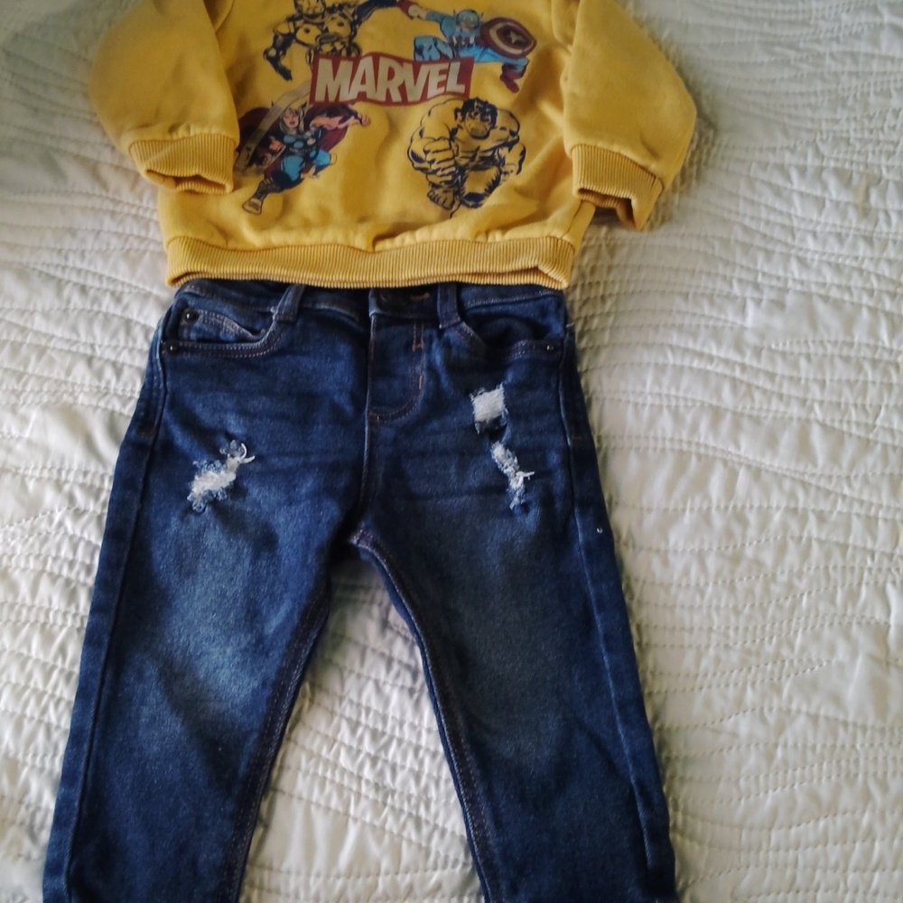 Infant distressed Jeans and Marvel Sweatshirt
